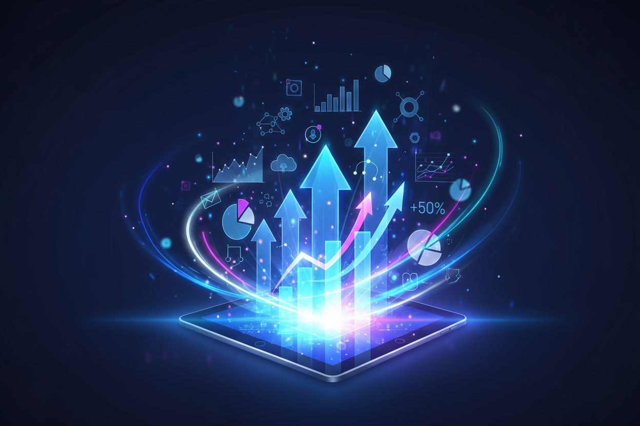 Abstract concept of “digital growth” — upward arrows, light trails, and marketing elements emerging from a glowing tablet, symbolizing Convertsify helping people learn and grow faster.